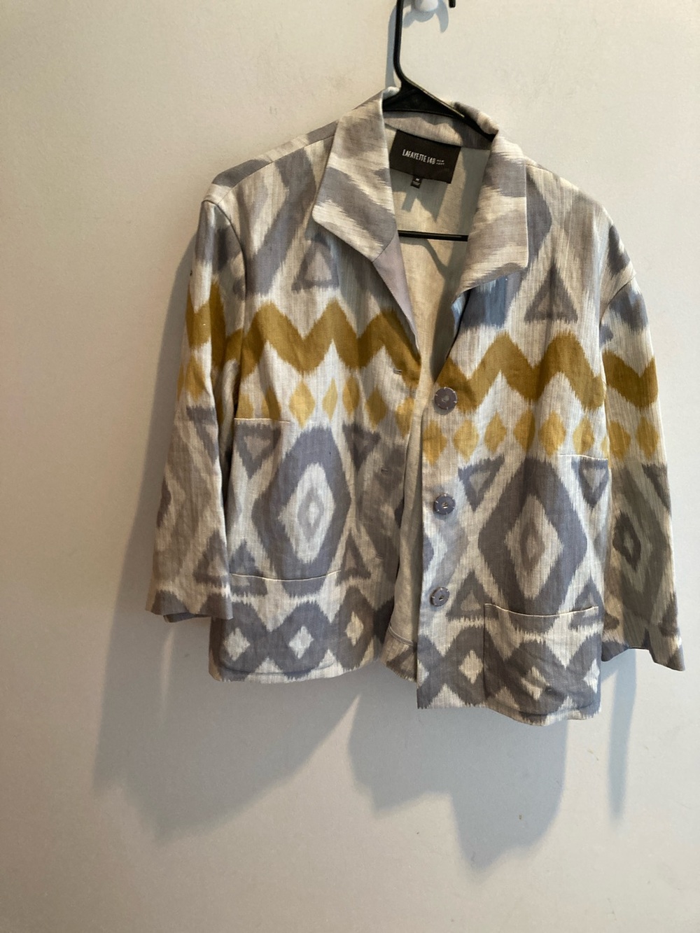 100% linen, Lafayette 148 Yellow and Gray Patterned Blazer pit 24” length 24”
